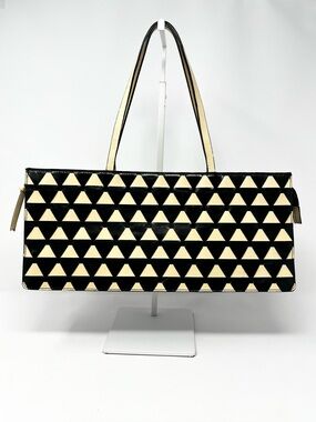 Vintage Miu Miu 90s Symbole Triangle Logo Black Cream Woven Leather Shoulder Bag